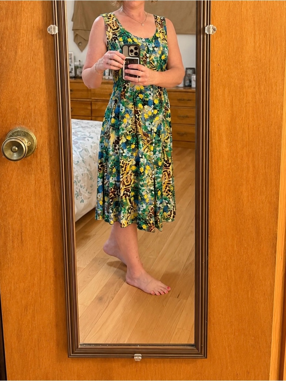 Blue Sky ~ Floral & Animal Print Midi Dress in Green, Yellow, Blue